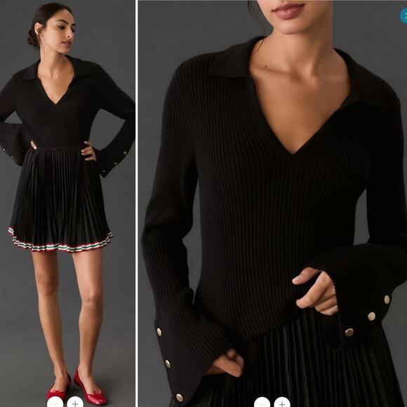 ANTHROPOLOGIE Maeve Black V-Neck Bell Sleeve Sweater Gold Button Size XXS NEW - Picture 1 of 10